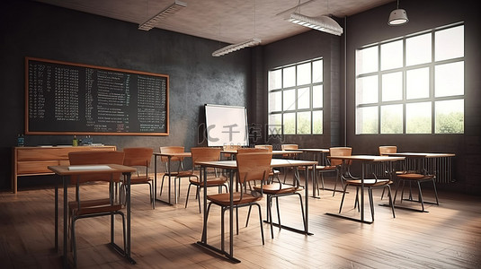 现代教室中木制学生课桌的 3D 渲染，配有空黑板