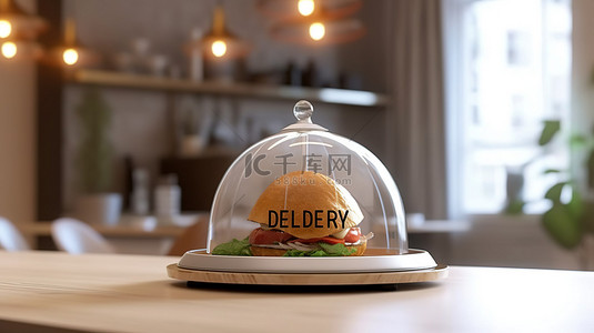 餐厅克洛什的 3D 渲染图像，白色背景上带有送餐标志
