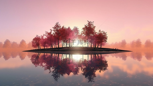 日出时宁静的湖中倒映着粉红树和黄草景观的华丽 3D 渲染