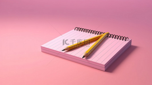 3d 渲染粉红色背景用铅笔和笔记