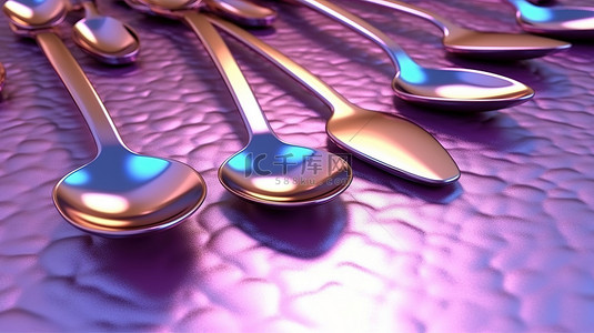金色奢华背景图片_3d 渲染紫罗兰色紫色地板，配有闪亮的金属铜叉子和勺子