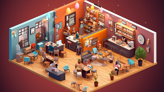 咖啡背景图片_咖啡馆 3D 等距室内概念的插图