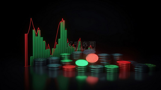 增长趋势背景图片_3d 红色和绿色的最小交易图，背景上有硬币，说明股市数据分析的趋势