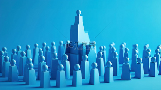 蓝色企业商务合作背景图片_白色和蓝色背景上描绘企业层次结构的孤立雕像的 3D 插图