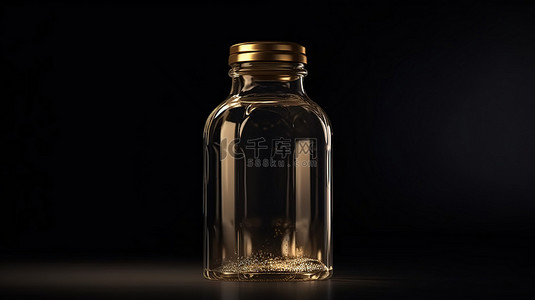 透明玻璃罐子背景图片_一个透明的金色瓶子在一个空玻璃罐的黑暗背景下的逼真 3D 渲染
