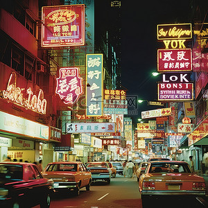 霓虹灯城市背景图片_香港街道上的霓虹灯