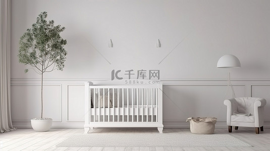 优雅的婴儿天堂 简约托儿所 3D 渲染室内的白色婴儿床