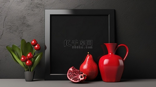 石榴和红色口音的模型海报框架，采用时尚的现代黑色内饰 3D 渲染