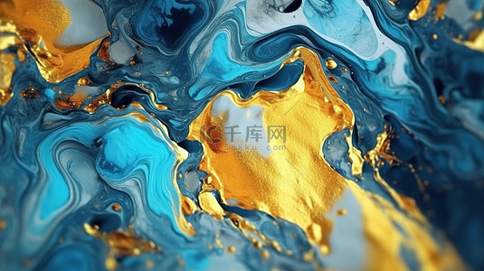 蓝色大理纹理背景图片_蓝色大理石丙烯酸流体纹理的 3D 插图，带有闪闪发光的金色口音