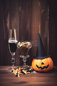 一张桌子，上面有一个玻璃杯，上面放着女巫帽糖果和纸杯蛋糕