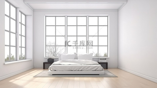 大窗户照亮了带木地板和白色墙壁的简约卧室，采用 3D 渲染