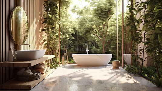 时尚浴室的 3D 渲染，可欣赏热带花园景观，非常适合当代生活