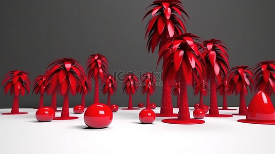 一群香蕉和高耸的松树的红色单色 3D 图标