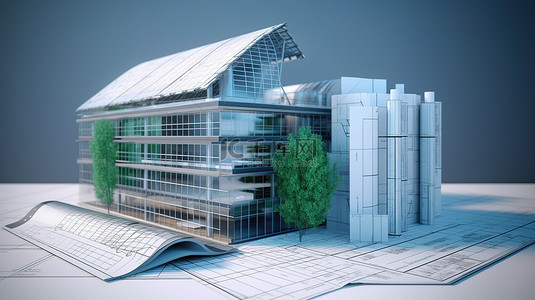 可持续建筑模型与蓝图能源效率图表和其他文件 3D 渲染