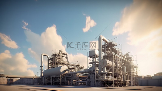 化学污染背景图片_工业设施以令人惊叹的 3D 渲染和风景如画的天空展示