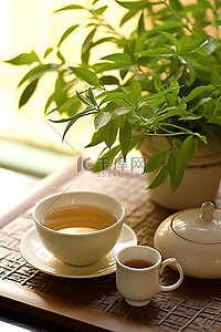 漂漆工艺背景图片_桌上有一杯白茶和一个花盆