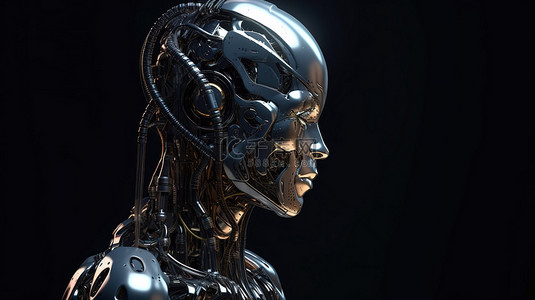 3D 渲染中金属女性机器人或机器人的侧视图