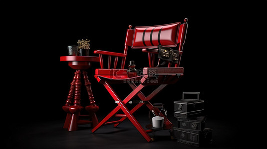 电影背景图片_黑色背景中的红色导演椅电影拍板和扩音器是 3D 渲染中的电影概念