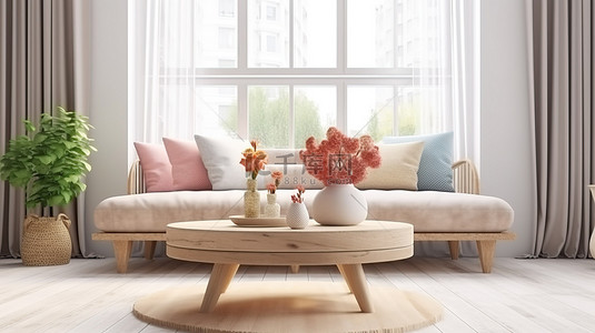 温馨地毯背景图片_温馨的客厅 3D 渲染木制家具和餐桌装饰与花瓶