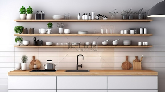 明亮的现代厨房的 3D 渲染，配有木质台面和开放式厨房工具架子