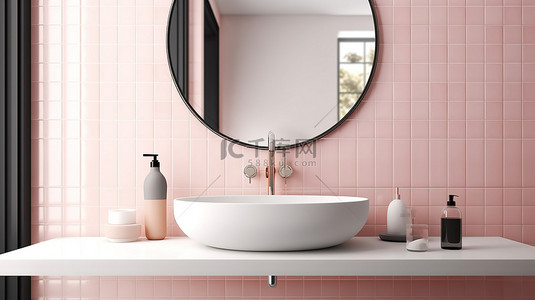 时尚而现代的斯堪的纳维亚酒店浴室，配有粉色和白色瓷砖墙壁大镜子和灰色洗脸盆3D渲染