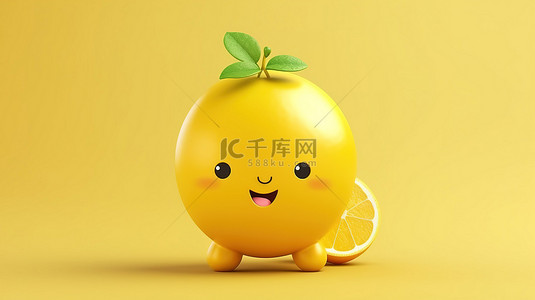 可爱又快乐的 3D 卡通柠檬人物以卡哇伊风格切片