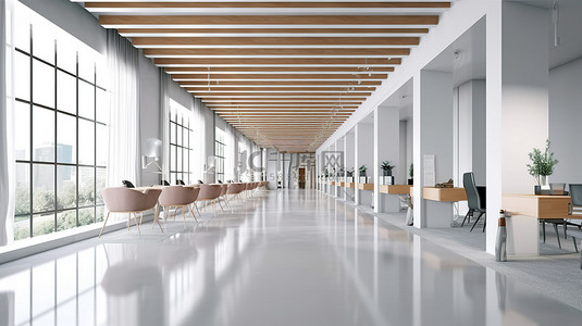 现代化的办公空间设有宽敞的大厅白色的共用工作站木架和光滑的灰色地板