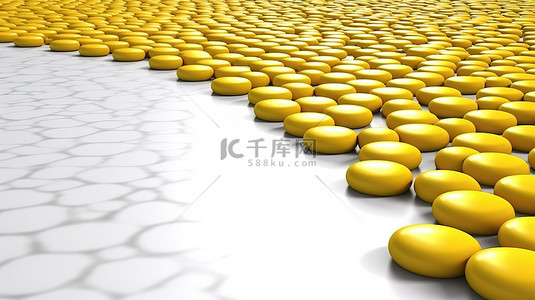 黄色药丸沿着白色背景渲染图像上的 3D 路径散布