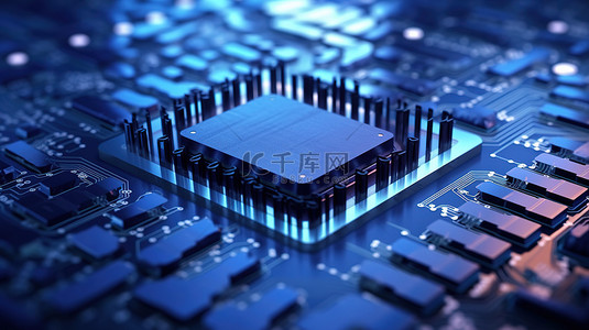 硅片上的微芯片 CPU 行蓝色键中计算机服务器概念的特写渲染