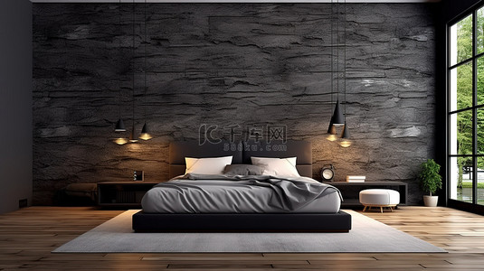 家居背景图片_卧室的 3D 插图，配有木地板黑石墙和优雅的侧灯