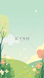 田野花树云朵绿色装饰插画自然背景简单背景