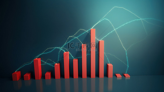 金融科技背景蓝色背景图片_蓝色背景下 3d 渲染中带红色箭头的条形图上升