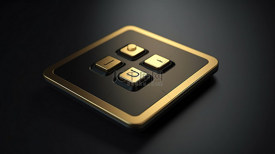 金色色调的老式电视图标 3D 渲染的用户界面元素，带有黑色方形按键按钮