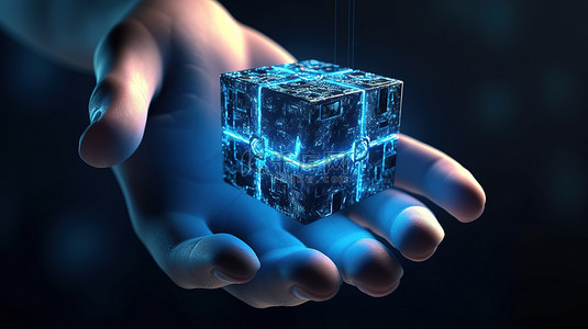 金融科技区块链背景图片_机器人手抓住的区块链立方体的 3D 渲染