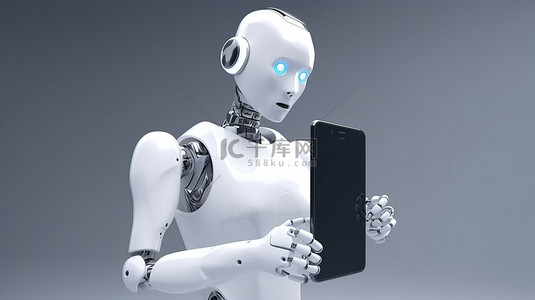 数字机器人或人工智能机器人在 3d 渲染与空白手机显示