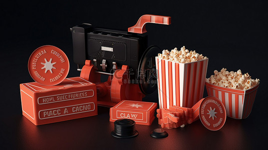 幻灯片背景图片_电影院的 4 个基本要素空白票爆米花桶幻灯片拍板和相机的 3D 渲染