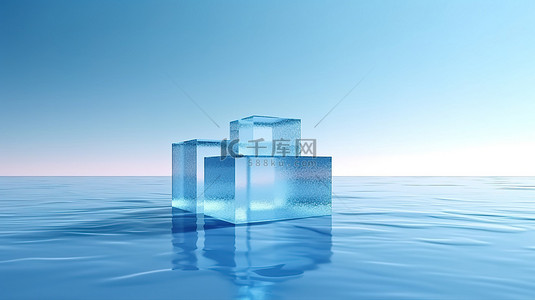 海洋中蓝色冰讲台的模型与产品展示 3D 渲染