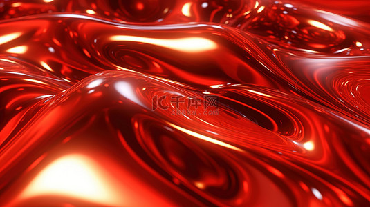 令人惊叹的红色液体抽象背景 3D 渲染插图上的辐射金属闪光和折射