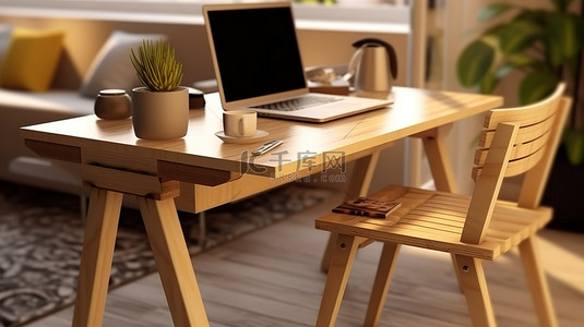 双木椅和桌子通过 3D 笔记本电脑插图拥抱家庭生活方式的工作