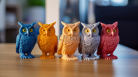 四个 3D 打印彩色猫头鹰模型的特写