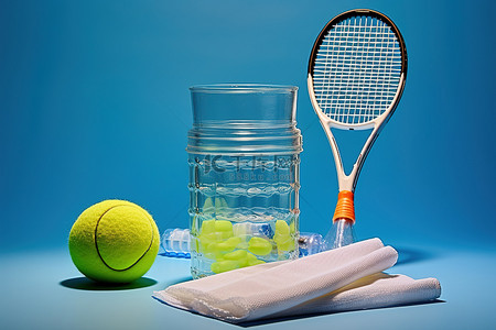 羽毛球背景图片_透明塑料杯中的羽毛球拍球和水瓶