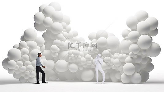 卡通想象气泡背景图片_创意头脑风暴 3D 人物与空白画布上的思想泡泡