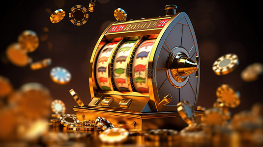 金色背景在线赌场中带有飞行筹码和骰子的真实 3D 老虎机