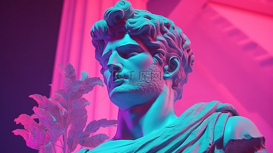 复古灵感城市景观的 3D 渲染，以蒸汽波调色板中的希腊神雕塑为特色