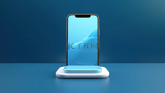 美观的蓝色色调 3D 渲染手机，位于带有白色屏幕的优雅支架上