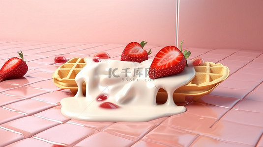 3D 渲染的威化画布上美味的草莓和香草冰淇淋