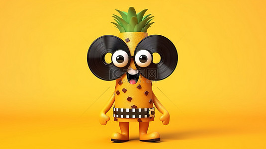 3D 渲染的菠萝时髦吉祥物，黄色背景上带有胶片卷轴和电影磁带