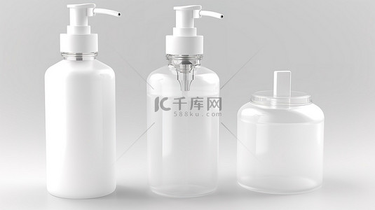 白色保健品背景图片_在带有分配器泵的透明塑料瓶的白色 3D 渲染上隔离