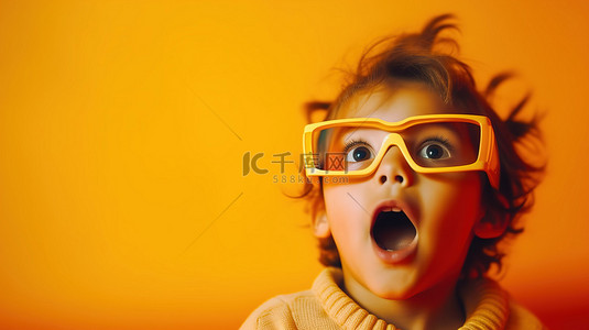 高兴的孩子戴着时尚的 3D 眼镜，享受迷人的电影体验