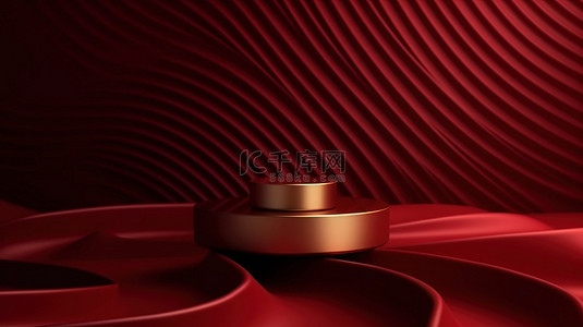 封面背景图片_奢华化妆品摄影深红色最小 3D 显示，带金线和波浪纺织讲台